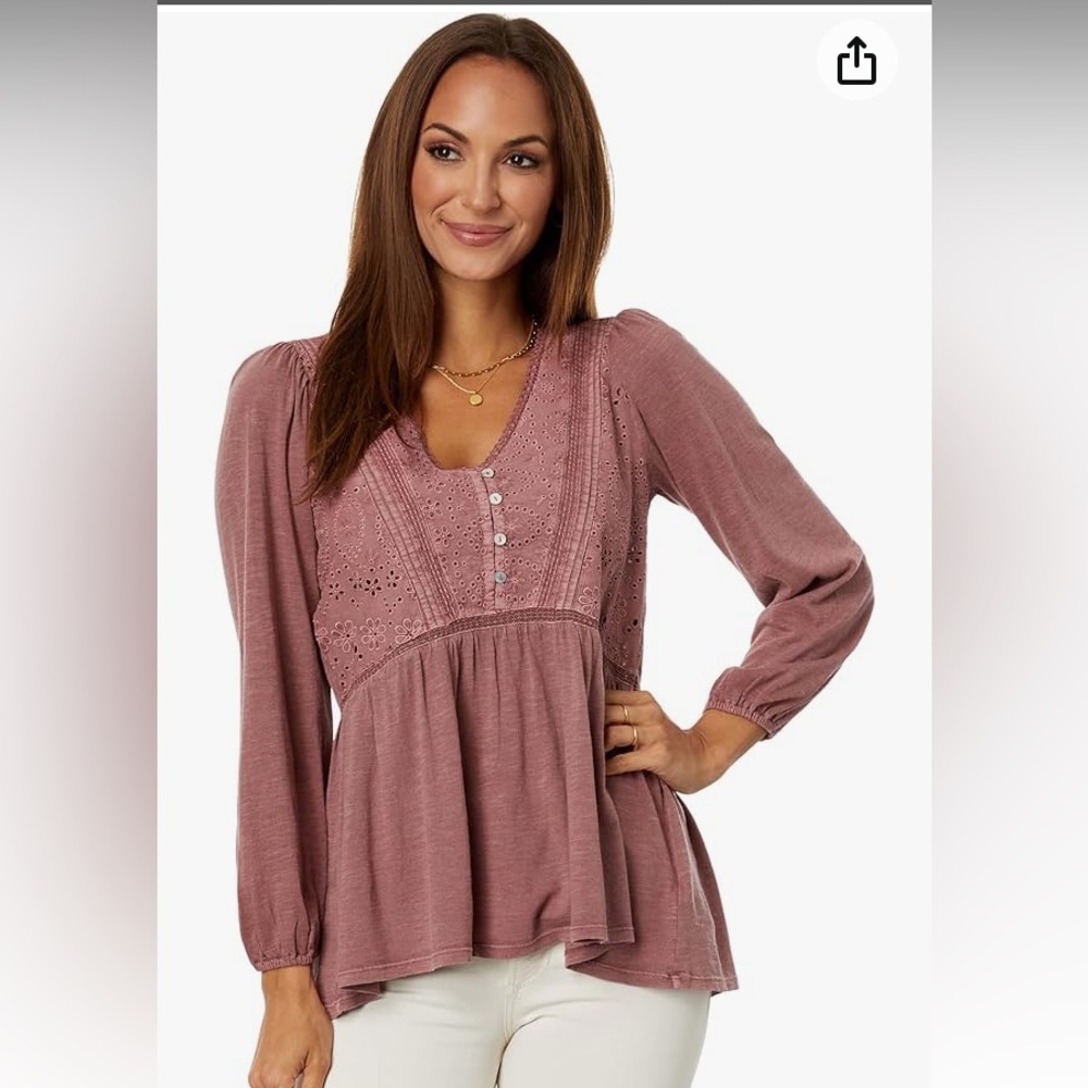 Lucky brand mauve embroidered empire waist boho LS tee
